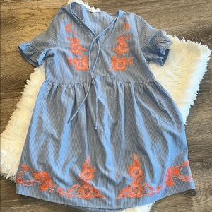 Entro Pinstripe Dress with Coral Embroidery - Small